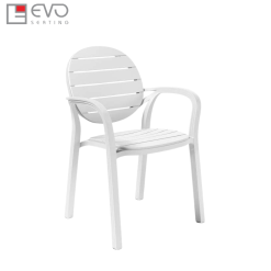 Plastic chair with wood grain pattern and armrests